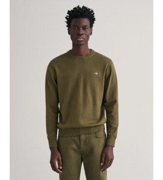 Gant para hombre. 8030561 Jersey de cuello redondo de algodón clásico verde (M), Casual, Manga larga