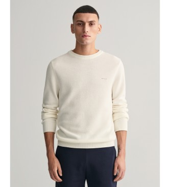 Gant para hombre. 8040521 Jersey de cuello redondo en piqué de algodón blanco roto (M), Casual, Manga larga