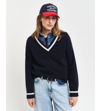 Gant para mujer. 4805265 Jersey de lana de oveja muy fina con cuello de pico en contraste marino (S), Casual, Clásico
