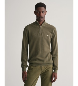 Gant para hombre. 8040523 Jersey de piqué de algodón con media cremallera verde (XL), Casual, Manga larga