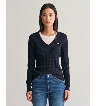 Jersey de punto de ochos con cuello de pico en algodón elástico marino (XS), Casual, Manga larga