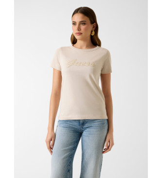 Guess para mujer. W6GI08K3023 Camiseta con logo de lentejuelas beige (S), Casual, Algodón, Manga corta
