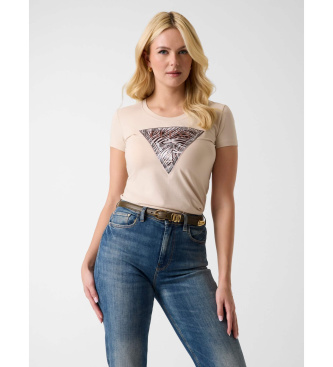 Guess para mujer. W6GI19K3042 Camiseta con logo de triángulo beige (XS), Casual, Algodón, Manga corta