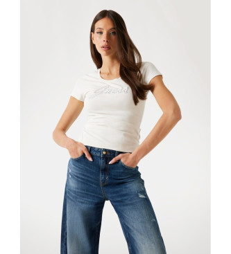 Guess para mujer. W5YI46J1314 Camiseta con logotipo bordado beige (XS), Casual, Sintético, Manga corta