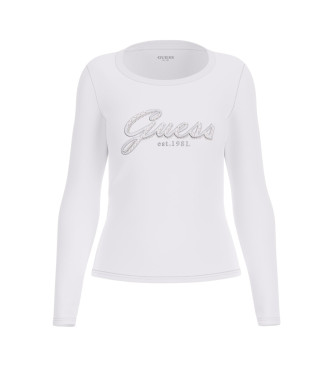 Guess para mujer. W5YI26J1314 Camiseta Embro Script blanco (S), Casual, Poliéster, Manga larga