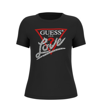 Guess para mujer. W5YI40I3Z14 Camiseta Triangulo con perlas negro (S), Casual, Poliéster, Manga corta