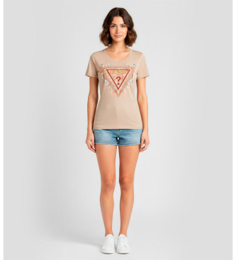 Guess para mujer. W5YI08J1314 Camiseta triangulo flores beige (S), Casual, Algodón, Manga corta