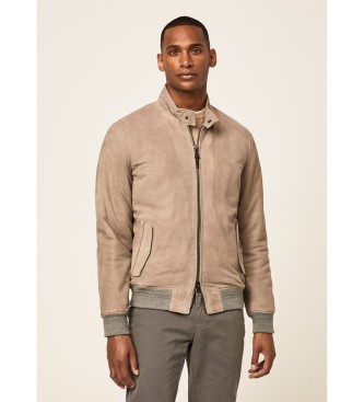 Hackett Londonvoor mannen. HM402903 Harrington Leren Jas Taupe (3XL), Casual, Lange mouwen