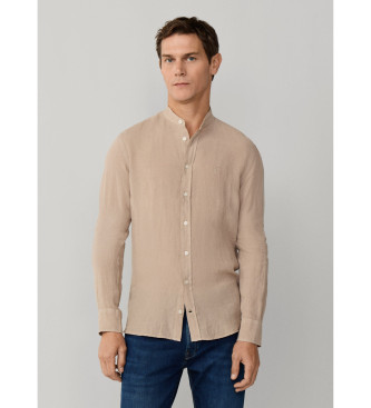 Hackett Londonvoor mannen. HM3010632 Linnen overhemd getailleerd beige (S), Casual, Vlas, Lange mouwen