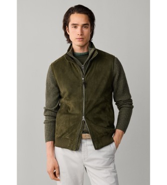 Hackett London para hombre. HM4000224 Chaleco de piel Rib verde oliva (L), Casual, Ante