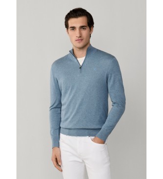 Hackett London para hombre. HM7000137 Jersey cuarto de cremallera azul (M), Casual, Algodón, Manga larga