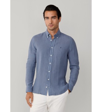 Hackett Londonvoor mannen. HM3010635 Getailleerd geverfd linnen overhemd blauw (M), Casual, Vlas, Lange mouwen