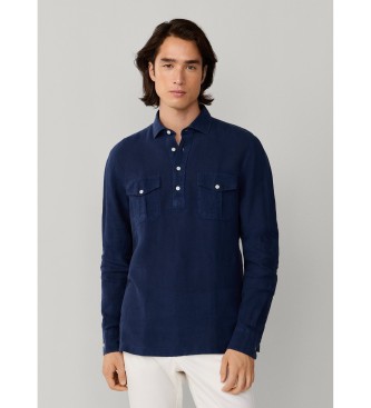 Hackett Londonvoor mannen. HM3010639 Linnen halfplacket overhemd met klassieke navy pasvorm (XXL), Casual, Vlas, Lange mouwen, Marineblauw