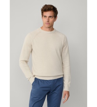 Hackett London para hombre. HM7000003 Jersey algodón lino cuello redondo beige (L), Casual, Manga larga