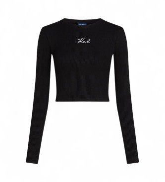 Karl Lagerfeld para mujer. A3W18025 Camiseta Ribbed negro (XS), Casual, Algodón, Manga corta