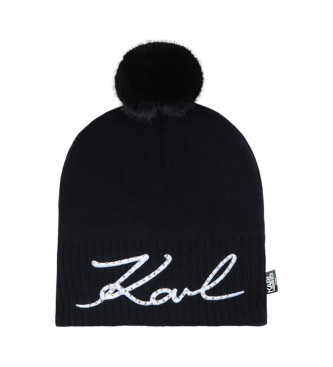 Karl Lagerfeld unisex para niños. Z30331 Gorro con pompones negro (8/12 años), Casual, Algodón, moda infantil, Karl Lagerfeld outlet 2024.