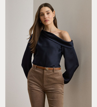 Lauren Ralph Lauren para mujer. 200P03185001 Blusa asimétrica de charmeuse de raso marino (L), Casual, Poliéster, Manga larga