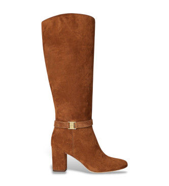 Lauren Ralph Lauren para mujer. 802967843002 Botas altas Kellie de ante con tacón marrón (37), Piel, 5 a 8cm, Cremallera, Casual