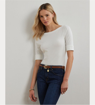 Lauren Ralph Lauren para mujer. 200654963007 Camiseta de cuello barco (S), Blanco, Casual, Algodón, Manga 3/4