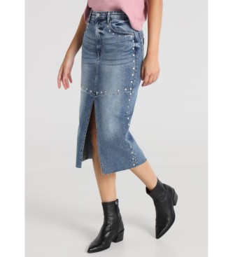 Lois Jeans para mujer. 411582644 Falda midi Tejana cintura alta con abertura frontal con remaches azul (26), Casual, Algodón, Denim