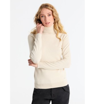 Jersey básico cuello cisne con logo beige (S), Casual, Algodón, Manga larga