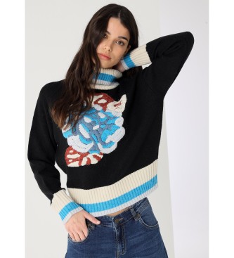 Jersey cuello cisne tejido jacquard con flor negro (S), Casual, Acrílico