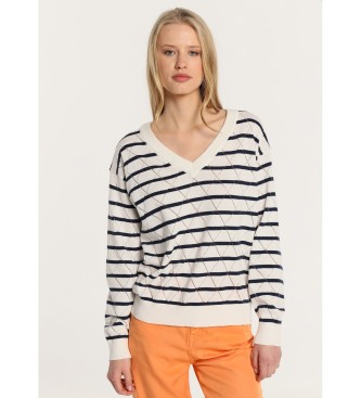 Jersey pointelle con franjas azul (S), Casual, Algodón, Manga larga, Marino