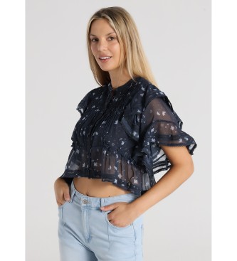 Lois Jeans para mujer. 431812705 Top Manga corta con volantes estampado de flores marino (XL), Casual, Poliéster
