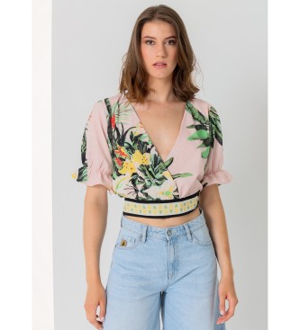 Lois Jeans para mujer. 431412467 Top crop cruzado con estampado tropical multicolor (XL), Casual, Algodón