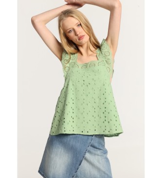 Lois Jeans para mujer. 431452483 Top Troquelado de tirantes con volante verde (XL), Casual, Algodón, Sin mangas / Tirantes
