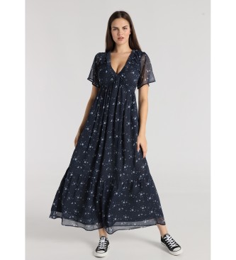 Lois Jeans para mujer. 448342705 Vestido midi Manga corta con goma en el pecho estampado de flores marino (XS), Casual, Poliéster