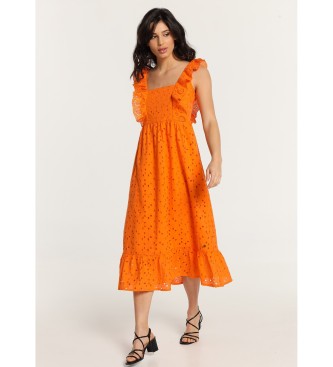 Lois Jeans para mulher. Vestido midi laranja com folhos, sem al?as e s