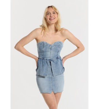 Lois Jeans para mujer. 448012610 Vestido vaquero corto corset con los hombros al aire y volante azul (S), Casual, Algodón, Denim, Poliéster,