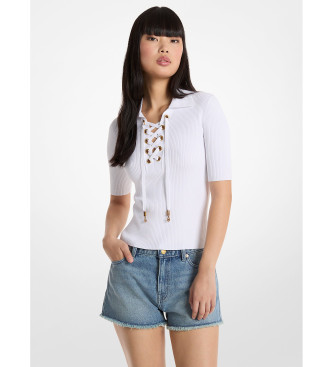 Michael Kors para mujer. MS661FZ5ZV Polo de viscosa elástica acanalada con cordones blanco (L), Casual, Manga corta
