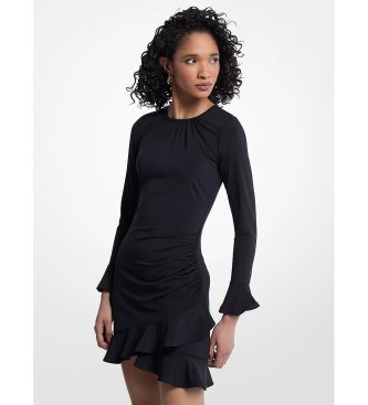 Michael Kors Vestido de punto liso mate elástico con volantes negro