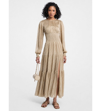 Michael Kors Vestido maxi smock de manga larga beige