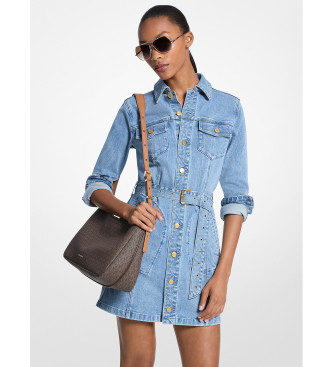 Michael Kors para mujer. MF5838VJZD Vestido mini Belted Denim azul (L), Casual, Algodón, Manga larga