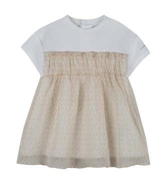 Michael Kors para niña. R30555 Vestido Bimaterial beige (3años= 98cm), Blanco, Casual, Clásico, Manga corta, Poliéster Reciclado, moda infan