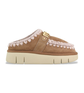 Mou para mulher. MU.FW531001A Tamancos Bounce tamancos em pele logótipo em metal castanho, rosa (39), Couro, Marrom, 3 a 5cm, Nenhum, Casual
