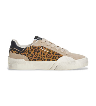 Pepe Jeans para mujer. PLS300003 Zapatillas de Piel Milan Fierce beige (39), Plano, Cordones, Casual, Animal print