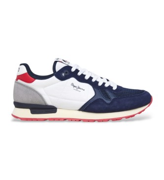 Pepe Jeans para hombre. PMS40030 Zapatillas de piel Brit Camp blanco, marino (41), Plano, Ante, Cordones, Casual