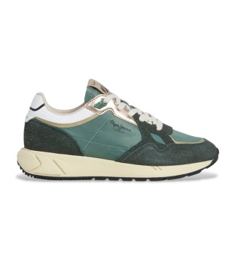 Pepe Jeans para mujer. PLS600010 Zapatillas de Piel Marlon Metal verde (37), Plano, 1 a 3cm, Cordones, Casual