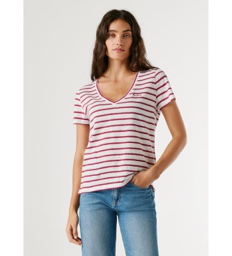 Pepe Jeans para mujer. PL5000121 Camiseta Megan Striped blanco, rojo (S), Casual, Algodón, Lino, Manga corta