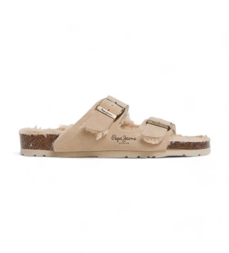 Pepe Jeans para mujer. PLS80010 Sandalias de ante doble hebilla beige (36), Piel, Plano, Ninguno, Casual