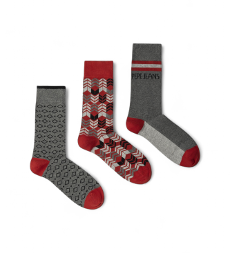 Pepe Jeans para hombre. PMU30070 Pack 3 Pares de Calcetines Geo Star gris, rojo (M-L), Casual, Algodón