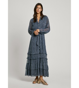 Pepe Jeansvoor vrouwen. PL953679 Camelia lange jurk marine (M), Casual, Polyester, Lange mouwen, Marineblauw