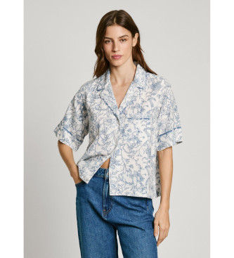 Pepe Jeans para mujer. PL305025 Blusa Doris Blanco (L), Azul, Casual, Lino, Manga corta