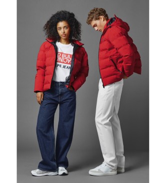 Red Bull Racing x Pepe Jeans unisex. RU400003 Casaco de penas acolchoado unissexo com capuz vermelho (M), Casual, Poliéster