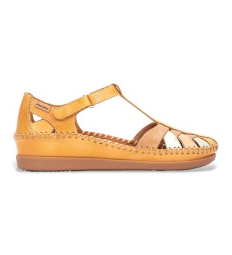Pikolinos para mujer. W8K-0705C1 Sandalias de Piel Cadaques amarillo (35), Plano, 1 a 3cm, Velcro, Casual