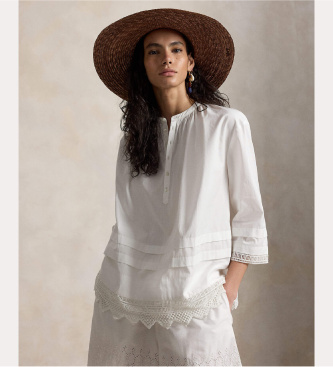 Para mujer. 211A12796001 Blusa de algodón con bordado (S), Casual, Manga larga